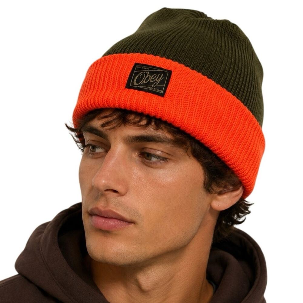 OBEY Knit Color Block Beanie Hat Orange Olive Green Unisex Skateboarding Skater